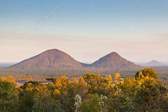 Evening view on the Glasshouse mountains