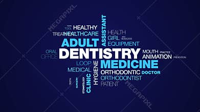 Dentistry medicine adult assistant care caries chair checkup clean clinic cosmetic animated word cloud background in uhd
