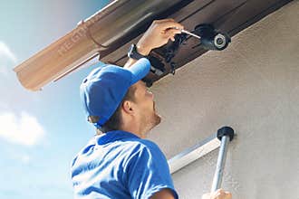 Man install outdoor surveillance ip camera for home security