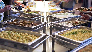 People group catering buffet food indoor in luxury restaurant with meat colorful