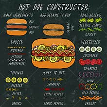 Hot Dog Constructor. Set of Fast Food Menu Ingredients. Hand Drawn High Quality Clean Realistic Vector Illustration. Doodle Style.