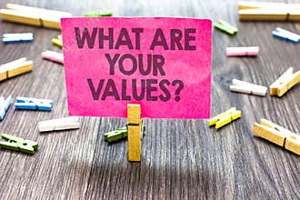 Writing note showing What Are Your Values question. Business photo showcasing asking someone about his good qualities Multiple cli