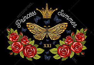 Golden crown, butterflies golden embroidery, vintage style roses