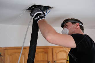 Air duct cleaning, drill, ductwork, man, hvac