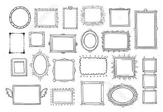 Hand drawn frames. Vintage doodle sketch picture frame. Blank black square cadre sketches painted by hands vector set