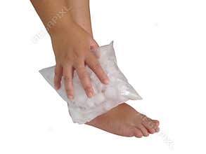 Compression ankle with ice on white background. Isolate ice pack on white background. Cold compress on white.