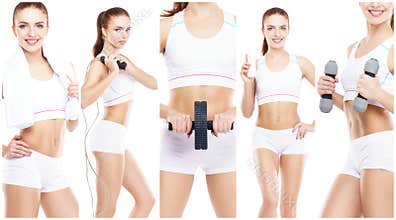 Beautiful and fit woman in a fitness workout. Isolated collage. Sport, nutrition, health and weight loss concept.