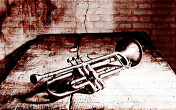 A beautiful ancient Jazz trumpet from the 1920s and a brick wall