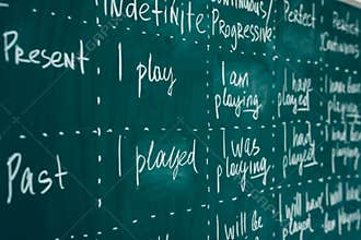 English lesson, school, learn foreign language. Chalkboard. Verb tenses Grammar.