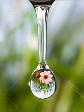 Sound of nature - drop of pure water with reflection of mountain flower.