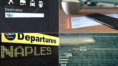Flight to Naples. Traveling to Italy conceptual montage animation