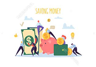 Saving Money Finance Concept. Flat People Characters Collect Money. Piggy Bank, Wealth, Budget, Earnings