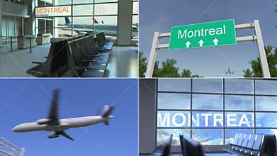 Trip to Montreal. Airplane arrives to Canada conceptual montage animation