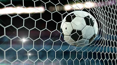 Beautiful Soccer Ball flies into Goal Net in Slow Motion. Football 3d animation 4k