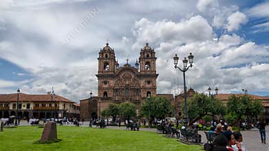 CUZCO, PERU, 08 FEBRUARY 2017: Day view timelapse of Templo de la Compania de Jesus in Plaza de Armas, downtown Cusco