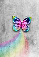 Abstract grunge grey concrete background with colorful rainbow butterfly