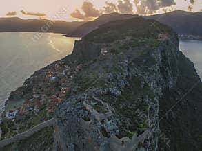 Aerial view of the old medieval castle town of Monemvasia in Lakonia of Peloponnese, Greece. Monemvasia is often called The Greek