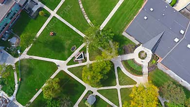 Looking down aerial view of college campus in Indiana