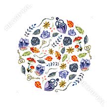 watercolor botanical illustration, floral wreath, autumn flowers, dried leaves, round frame, fall, clip art isolated on