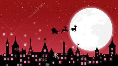 Christmas illustration banner 4K animation movie . Santa Claus flying on a full moon night. no text version