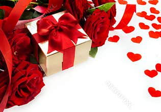 Art valentines red roses and gift box