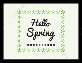 Hello spring text on a colorful background with decorative borders.
