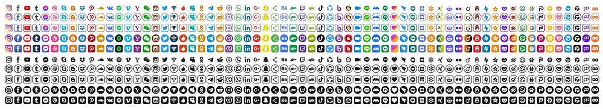 Kiev, Ukraine - October 04, 2021: Set popular social media icons. Facebook, instagram, twitter, youtube, pinterest, behance,