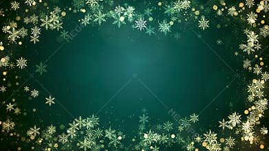 Christmas snowflakes frame with lights and particles on green background