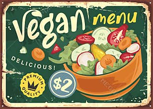 Vegan menu retro advertisement with salad bowl