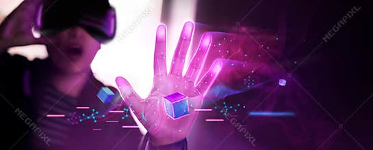 Metaverse and Blockchain Technology Concepts. Person Enjoying an Experiences of Metaverse Virtual World