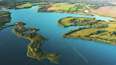 4K Aerial View Of Lakes Rivers Island And Green Countryside Landscape. Lepel Lake. Lyepyel District, Vitebsk Region