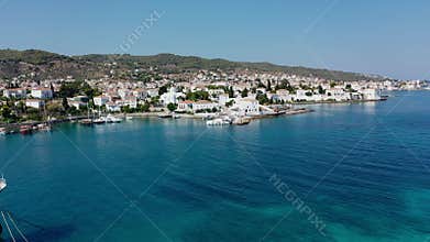 Aerial view of lighthouse at Spetses old town, Greece - drone videography