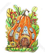 Watercolor illustration with a magic house.House-pumpkin for postcards, children's illustrations, print, design.