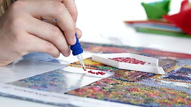 Children Playing Diamond Painting, Kid Art Craft School Class, Handcraft Cross Stitch Activity in Coronavirus Pandemic Lockdown