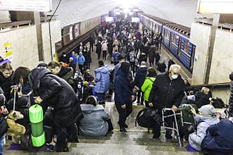 War of Russia against Ukraine. Bomb shelter at metro station