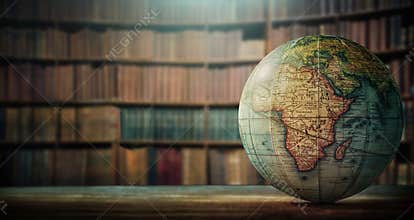 An old globe with Africa on the table against the background of bookcases. Concept on the topic of history, science, culture,