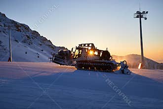 Snowcat ratrack at Shymbulak mountain ski resort in Kazakhstan