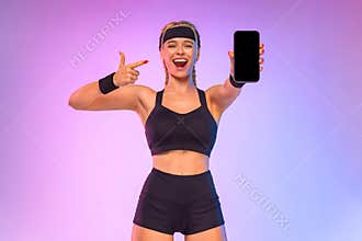 Design For Mobile Application. Dietetics And Fitness. Happy Woman With Smartphone. Blank Black Screen. Lady Recommending