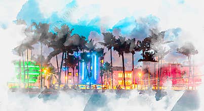 Watercolor painting illustration of Ocean Drive hotels and restaurants at sunset. City skyline with palm trees at night