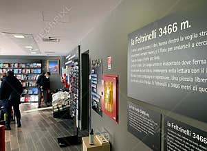 La Feltrinelli Bookshop at Pointe Helbronner station along the Skyway Monte Bianco, Courmayeur town, Italy