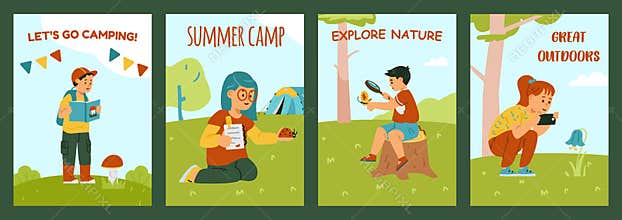 Little Kids Holding Magnifying Glass and Camera Exploring Nature Vector Illustrations Clipart.
