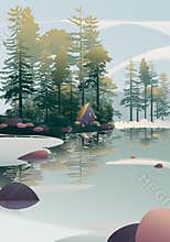 House with trees in the forest near the lake. Vector illustration
