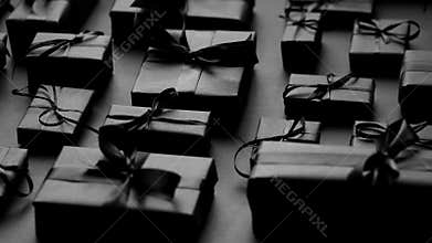 Dark Christmas theme. Square boxed gifts wrapped in black paper and ribbon arranged on black