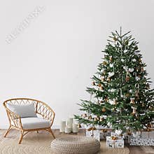 Living Room Christmas interior in Scandinavian style. Christmas tree with gift boxes
