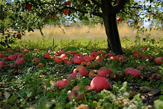 Fallen Red Apples in Orchard