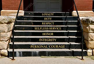 Army values displayed on steps of a building