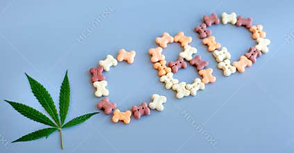 CBD lettering written from dog or cat food. CBD cannabis or hemp content in pet treats
