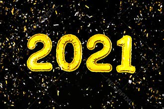 2021 Happy New Year numbers text, confetti on black background. Christmas party greeting decor