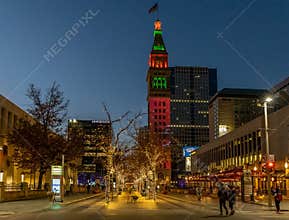 Night view of Daniels & Fisher Tower in Denver