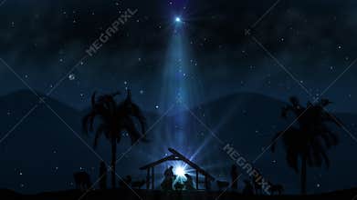 Christmas Nativity Scene animation with real animals and trees on blue